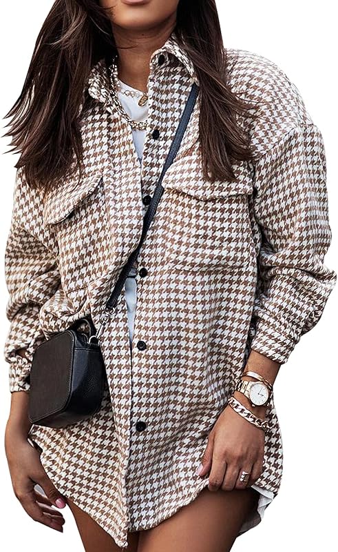 Plaid Jacket Women Casual Houndstooth Jacket Flannel Shacket Loose Long Sleeve Shirt Button Down Shacket with Pockets