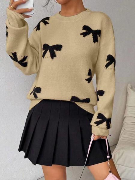 Fashion Bow Print Casual Loose Knitted Sweater Pullover Autumn/Winter Women Pullovers New Full Sleeve Knitwear - Seldom Seen Styles
