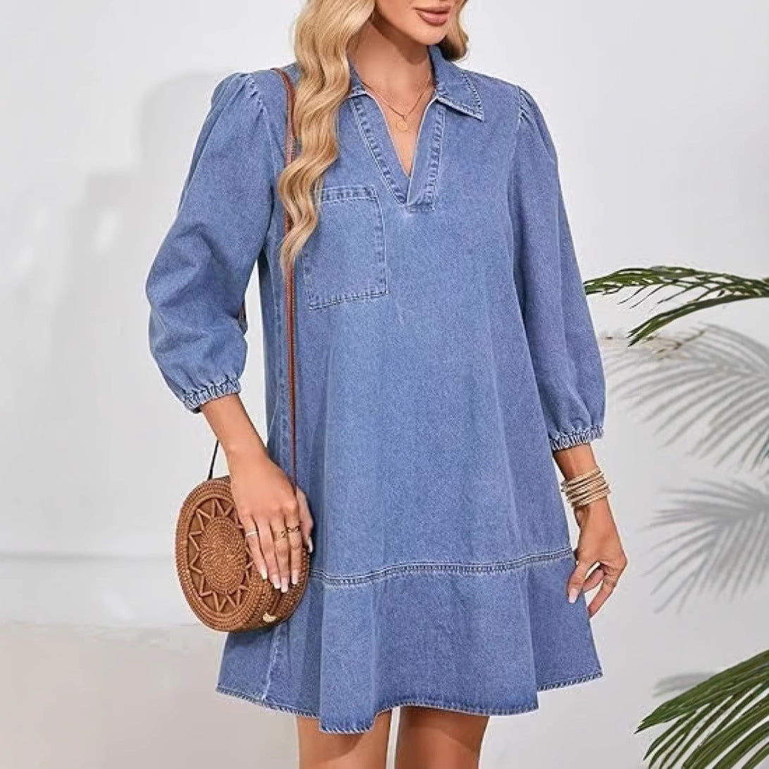 Denim Dress for Women Fashion Fall Casual Babydoll 2025 V Neck 3/4 Puff Sleeve Jean Dresses - Seldom Seen Styles