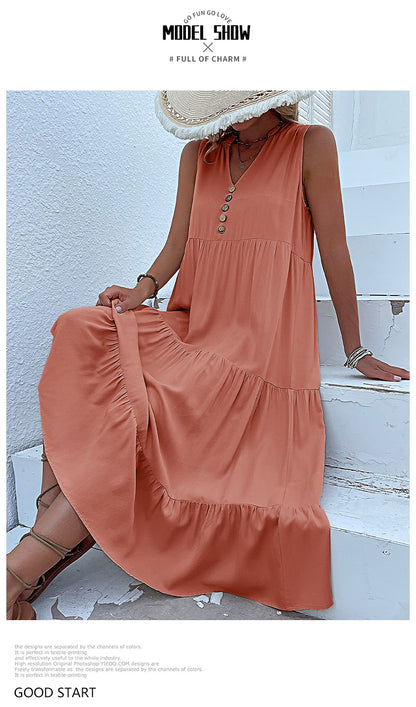 Summer Flowy Maxi Dress with Pockets Sleeveless Loose Casual Sundress V-Neck Tiered Sun Dress for Beach Cruise Vacations