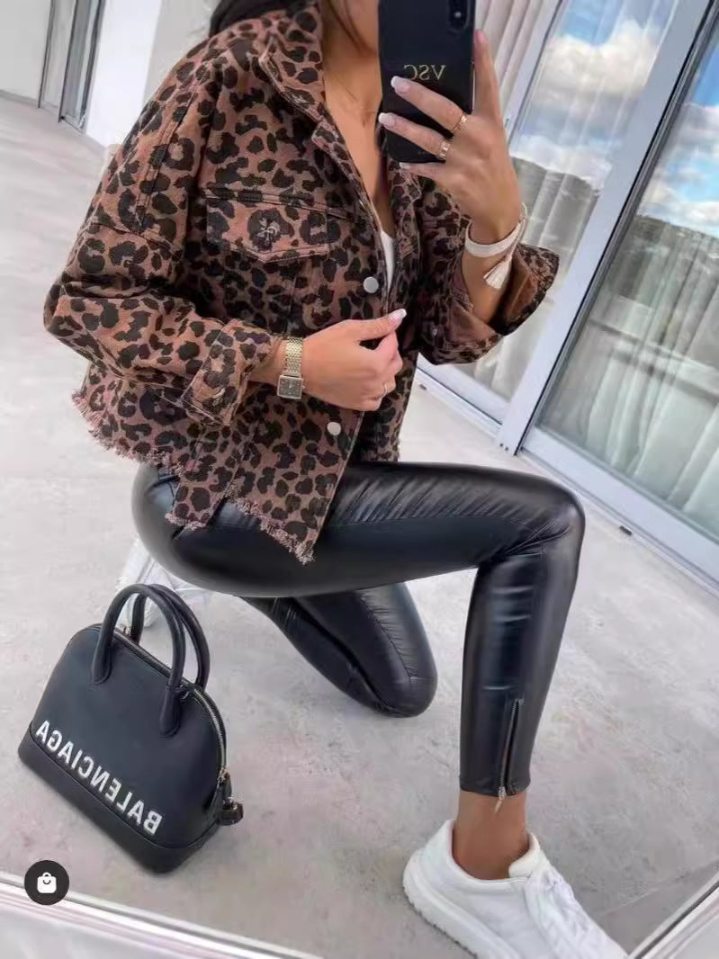 Women's Leopard Print Denim Jacket Long Sleeve Animal Printed Raw Hem Button Down Cropped Jean Coat Outerwear - Seldom Seen Styles