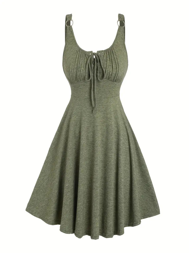 Women's Plain Lace Up Tie Front Tank Dress, Casual Fitted Sleeveless O-ring A Line Dress for Summer, Dresses for Women, Ladies Clothes for Everyday Daily Wear, Womenswear, Vacation Dresses - Seldom Seen Styles