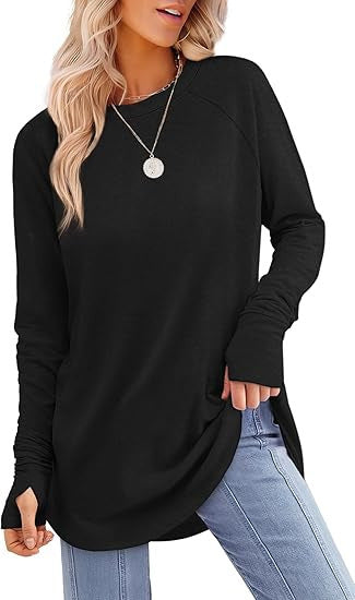 Womens Tunic Tops to Wear with Leggings Long Sleeve Thumb Hole Shirts Crew Neck Curved Hem - Seldom Seen Styles