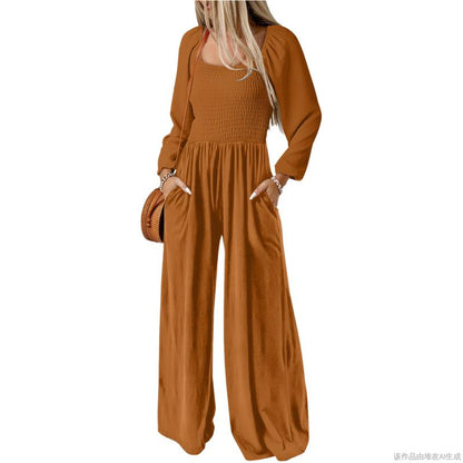 Women's Casual Loose Overalls Jumpsuits One Piece Long Sleeve Wide Leg Long Pant Rompers With Pockets - Seldom Seen Styles