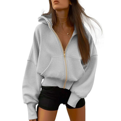 Women's Gold Zipper Hoodie Long Sleeve Fleece Y2K Style Casual Sweatshirt with Pockets for Fall Winter Clothes - Seldom Seen Styles