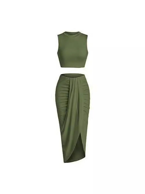 Women's Solid Crop Tank Top & Ruched Asymmetrical Hem Split Skirt Set, Chic Casual Mock Neck Sleeveless Top & High Waist Wrap Skirt, Womenswear Outfit - Seldom Seen Styles