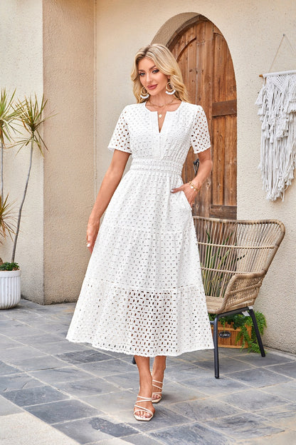 Womens 2025 Summer Maxi Dress Short Sleeve V Neck Hollow Out Eyelet A Line Long Flowy Beach Vacation Dresses