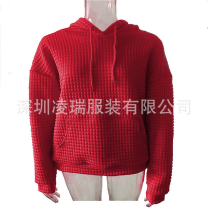 Womens Hoodies Casual Long Sleeve Drawstring Waffle Pullover Tops Loose Hooded Sweatshirt with Pocket - Seldom Seen Styles