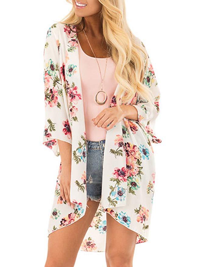 Women's Beach Cover up Swimsuit Kimono with Bohemian Floral Print, Loose Casual Resort Wear - Seldom Seen Styles