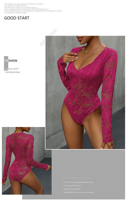 Women's Sheer Floral Lace V Neck Bodysuit Long Sleeve Slim Fit Jumpsuits