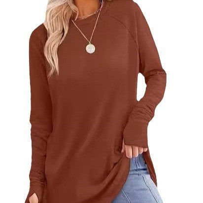 Womens Tunic Tops to Wear with Leggings Long Sleeve Thumb Hole Shirts Crew Neck Curved Hem - Seldom Seen Styles