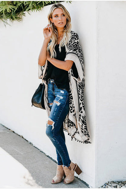 Seaside Resort Cardigan Printed Pompom Kimono - Seldom Seen Styles
