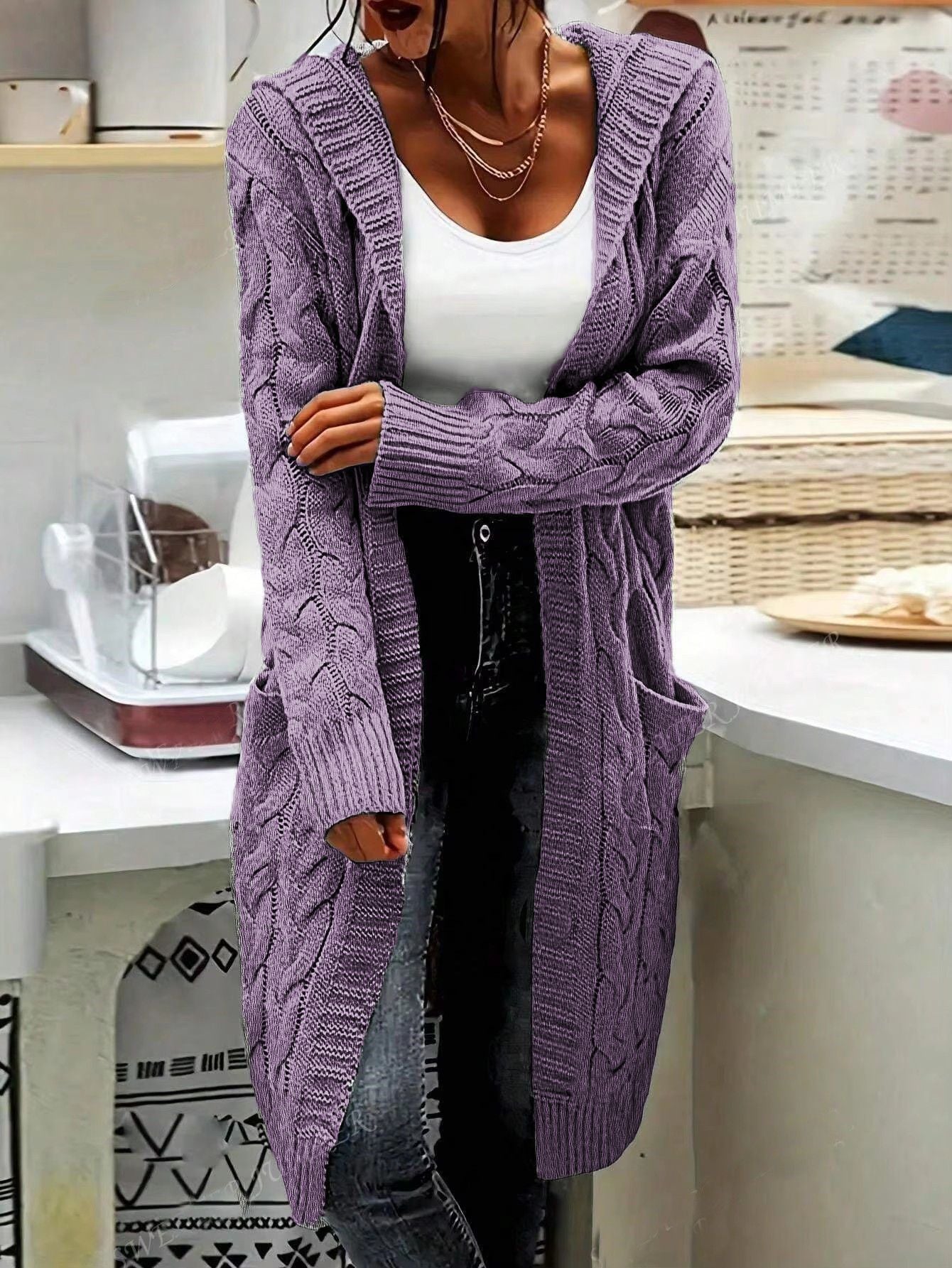 Women's Pocket Drop Shoulder Cardigan, Hooded Long Sleeve Warm Top, Casual Textured Knit Open Front Cable Outwear, Sweaters for Women - Seldom Seen Styles