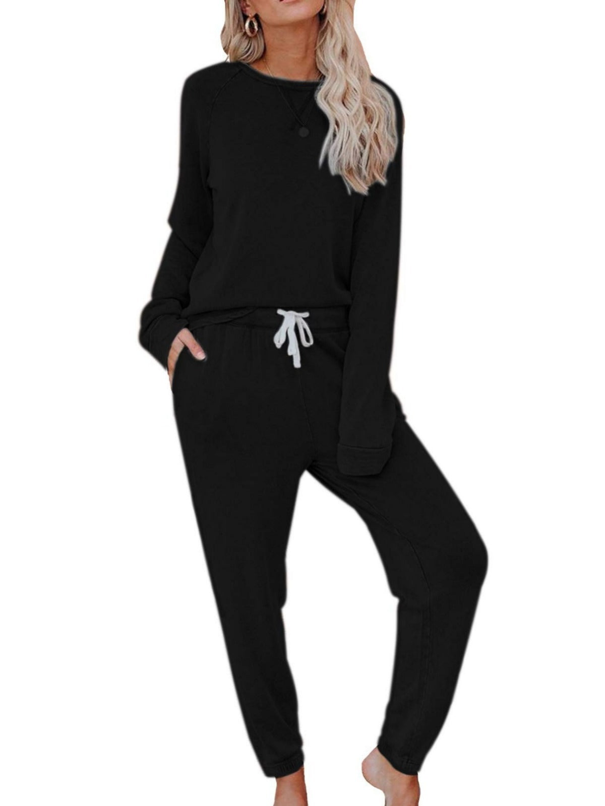 Women's Solid Sweatsuit Set 2 Piece Long Sleeve Pullover and Drawstring Sweatpants Sport Outfits Sets - Seldom Seen Styles