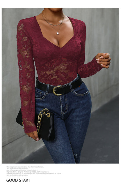 Women's Sheer Floral Lace V Neck Bodysuit Long Sleeve Slim Fit Jumpsuits
