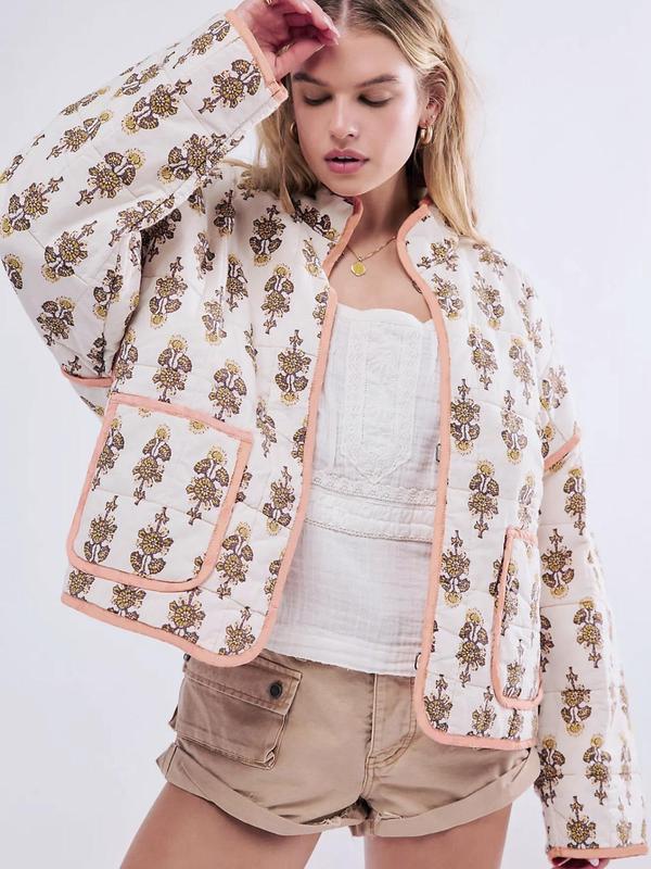 Women's Ditsy Floral Print Drop Shoulder Coat, Casual Long Sleeve Pocket Outerwear for Autumn & Winter, Ladies Clothes for Daily Wear - Seldom Seen Styles