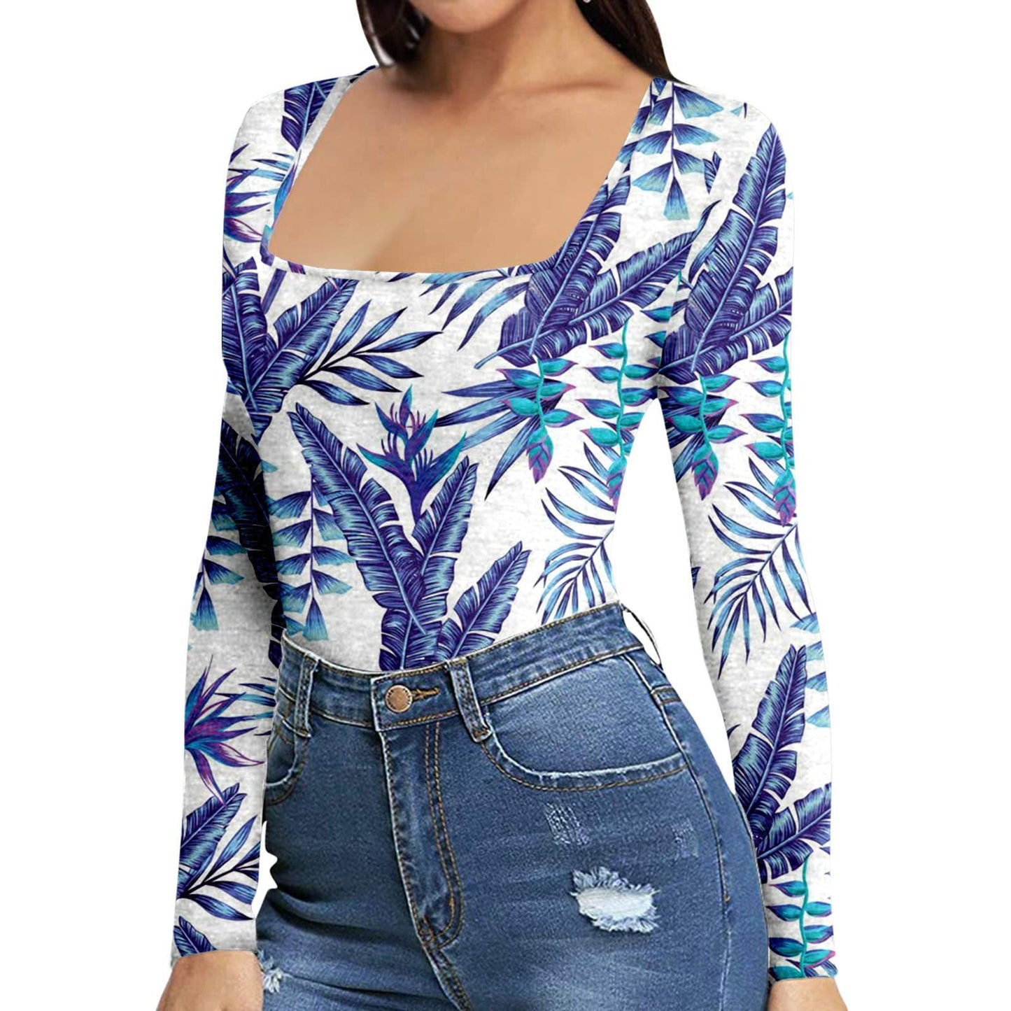 Women's Sexy Square Neck Bodysuit Long Sleeve Double Lined Shirt Tops