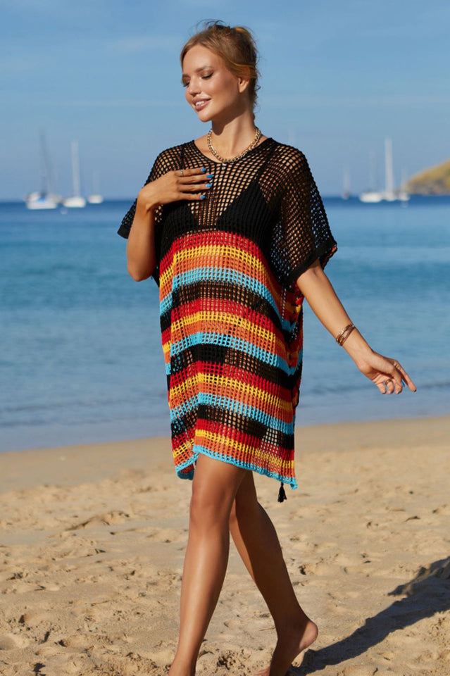 Rainbow Stripe Openwork Slit Cover Up - Seldom Seen Styles