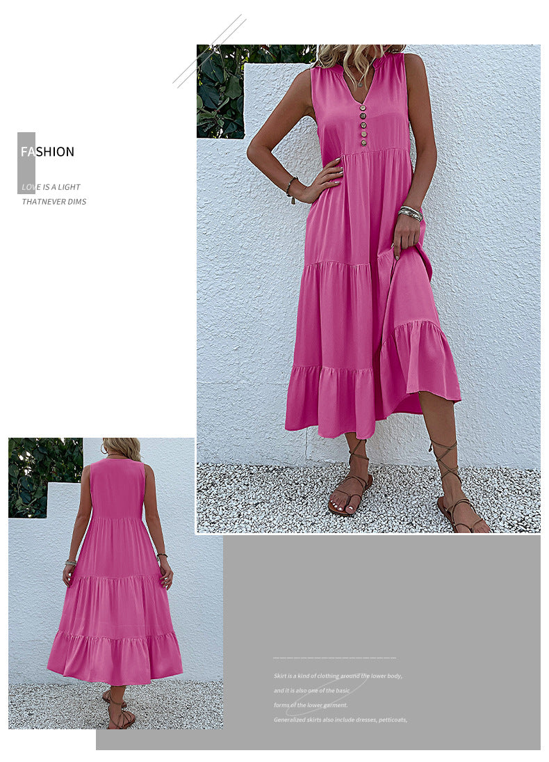 Summer Flowy Maxi Dress with Pockets Sleeveless Loose Casual Sundress V-Neck Tiered Sun Dress for Beach Cruise Vacations