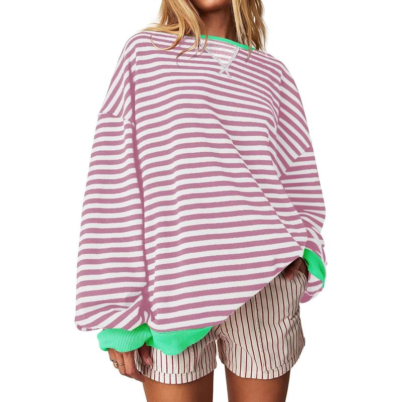 【Up To 3XL】Fisace Christmas Womenswear Striped Oversized Sweatshirt Color Block Crew Neck Long Sleeve Shirt Casual Loose Pullover Top Y2K Clothes back to school - Seldom Seen Styles