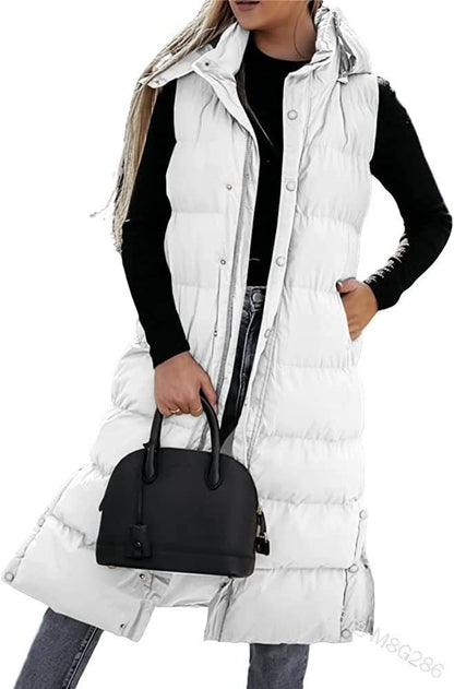 Women's Long Puffer Vest with Quilted Hood and Button Down Closure for Winter Coat 2025 - Tops, Womenswear - Seldom Seen Styles
