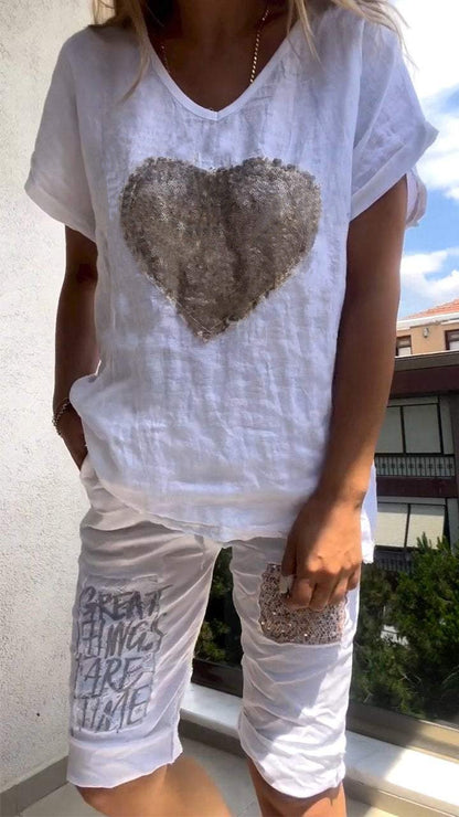 Linen Outfits Women 2 Piece Heart Sequins V-Neck Short Sleeve Top Loose Knee Length Pants 2025 Casual Set - Seldom Seen Styles