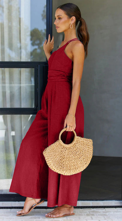 Women's Summer Straps One Shoulder High Waist Dressy Casual Wide Leg Linen Jumpsuit Romper Beach Travel Outfits