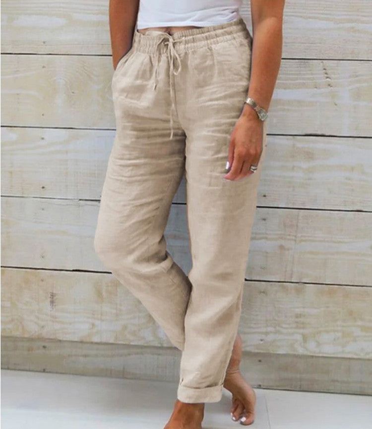 Womens Tapered Pants Cotton Linen Drawstring Back Elastic Waist Pants Casual Trousers with Pockets - Seldom Seen Styles