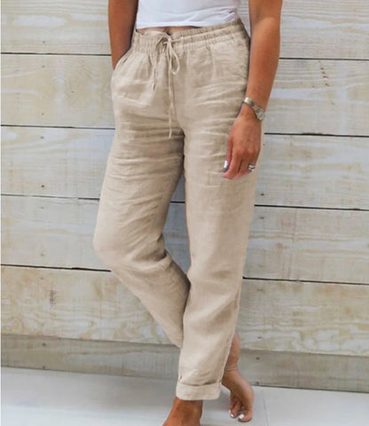 Womens Tapered Pants Cotton Linen Drawstring Back Elastic Waist Pants Casual Trousers with Pockets - Seldom Seen Styles