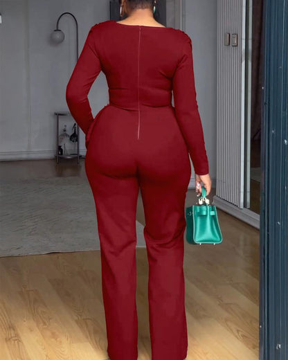 Cowl Neck Asymmetrical Patchwork Ruched Jumpsuit Casual Cinched Waist Zipper Back Straight Leg Jumpsuit