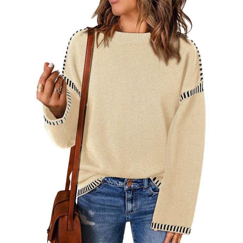Sweaters for Women Fashion Solid Crewneck Loose Fit Long Sleeve Contrast Cable Knit Pullover Sweater Jumper Tops Knitwear Womenswear Knitwear Womenswear - Seldom Seen Styles
