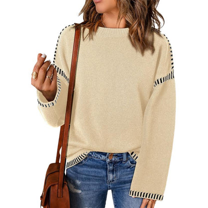 Sweaters for Women Fashion Solid Crewneck Loose Fit Long Sleeve Contrast Cable Knit Pullover Sweater Jumper Tops Knitwear Womenswear Knitwear Womenswear - Seldom Seen Styles