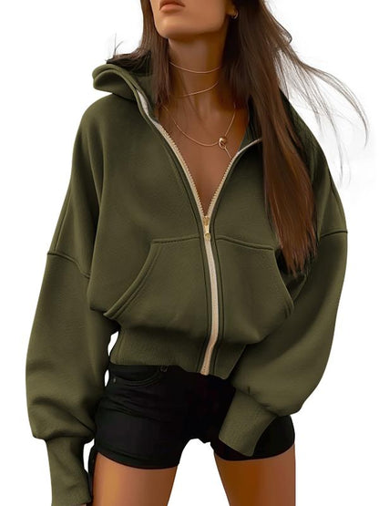 Women's Gold Zipper Hoodie Long Sleeve Fleece Y2K Style Casual Sweatshirt with Pockets for Fall Winter Clothes - Seldom Seen Styles