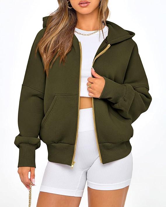 Women's Gold Zipper Hoodie Long Sleeve Fleece Y2K Style Casual Sweatshirt with Pockets for Fall Winter Clothes - Seldom Seen Styles