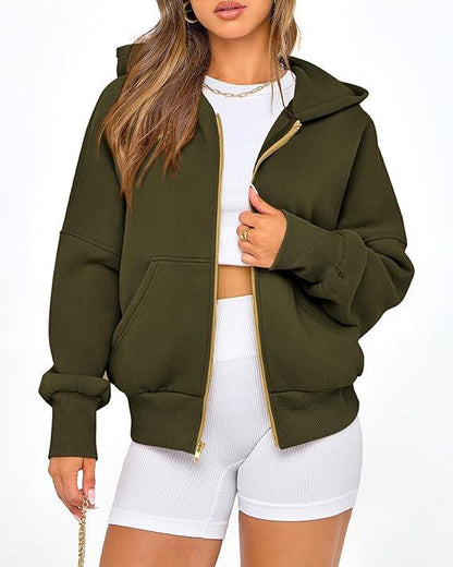 Women's Gold Zipper Hoodie Long Sleeve Fleece Y2K Style Casual Sweatshirt with Pockets for Fall Winter Clothes - Seldom Seen Styles