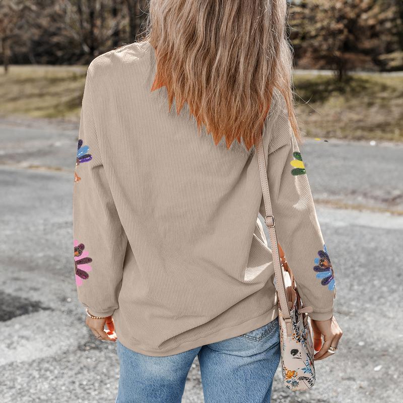 Women's Thanksgiving Sweatshirt with Sequin Turkey Graphic Corded Baggy Long Sleeve Winteroutfit Round Neck Casual Tops for Comfortable Wear - Seldom Seen Styles