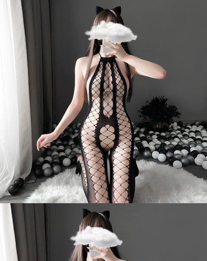 Women's Sexy OneSize Fishnet Halter Cut-Out Bodystocking Lingerie Black - Seldom Seen Styles