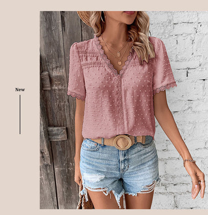 Women's 2025 Summer V Neck Lace Crochet Blouse Swiss Dot Business Casual Cute Shirts Tops