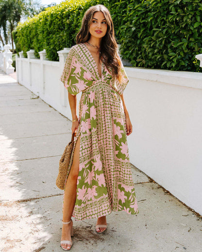 Women's Floral Print Split Thigh Long Dress, Boho Deep V Neck Batwing Sleeve A Line Sundress, Dresses for Women, Summer Dresses 2024, Back To School Clothes, Ladies Summer Clothes, Dresses for Women - Seldom Seen Styles