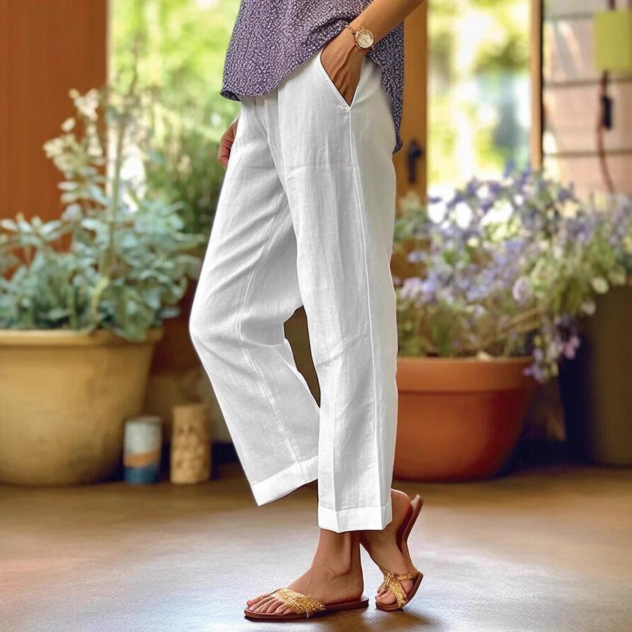 Linen Pants Women Summer Elastic Waist Straight Leg Plus Size Crop Pants Casual Beach Trousers with Pockets - Seldom Seen Styles