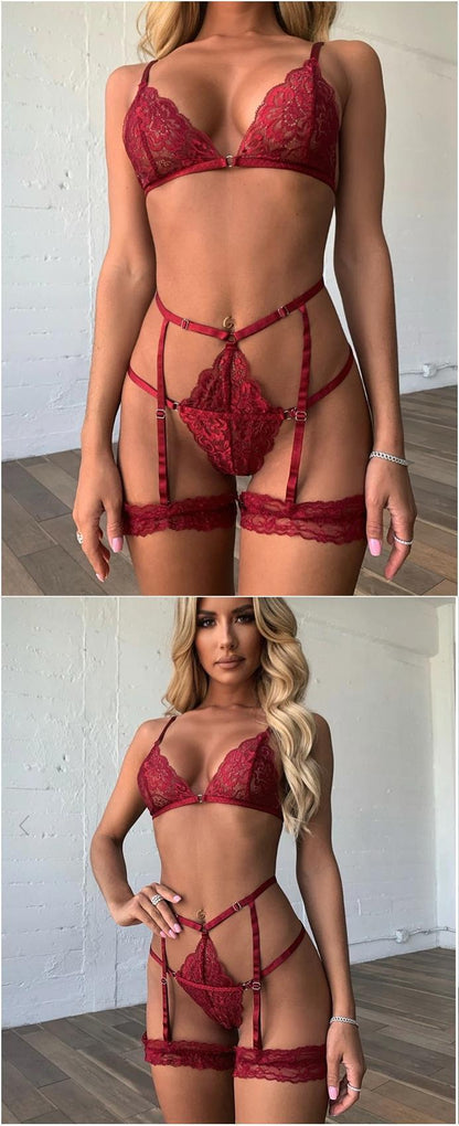 Lace Garter Lingerie Set with Removable Choker Teddy Babydoll Strappy Bra and Panty Set - Seldom Seen Styles