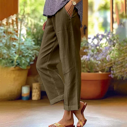 Linen Pants Women Summer Elastic Waist Straight Leg Plus Size Crop Pants Casual Beach Trousers with Pockets - Seldom Seen Styles
