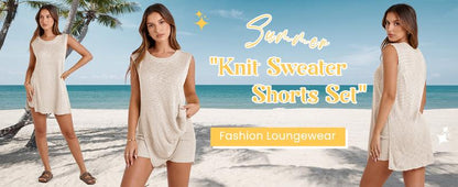 Women's 2 Piece Outfits Summer Knit Sweater Set Sleeveless Tunic Top Matching Shorts Trendy Beach Vacation Sets Loungesetwomen Suits Clothes Womenswear  Basic Beige - Seldom Seen Styles