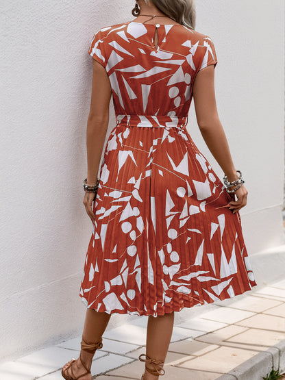 Floral Dress for Women Wedding Guest Crewneck Short Sleeve Casual Summer Dress Tie Waist Midi Flowy Boho Beach Dresses