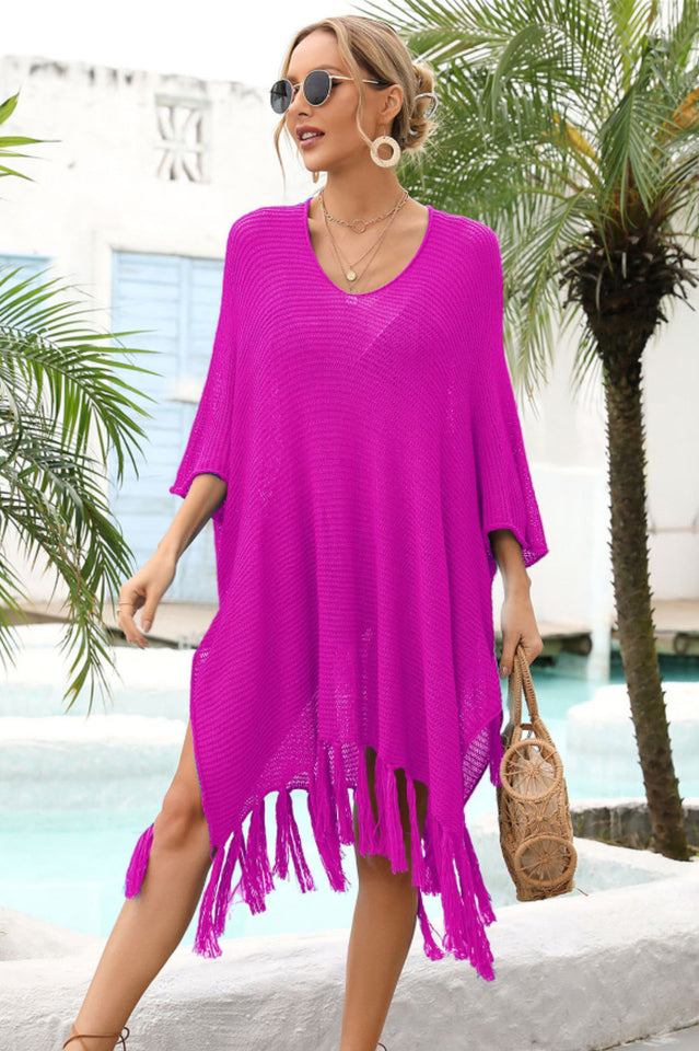 Fringe Trim Dolman Sleeve Openwork Cover Up - Seldom Seen Styles
