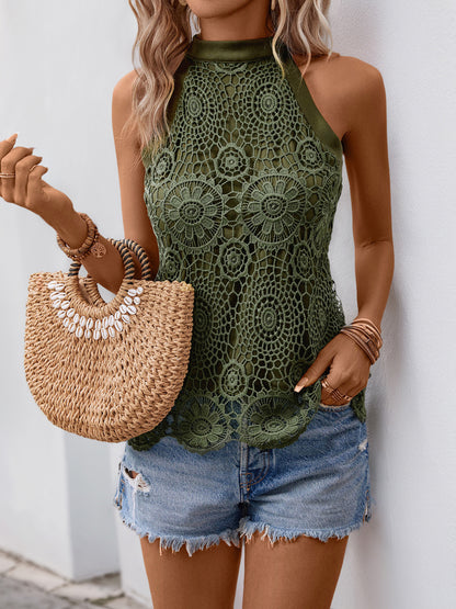 Women's Tank Tops Hollow Out Lace Boho Blouse Eyelet Embroidery Sleeveless Tops Shirts