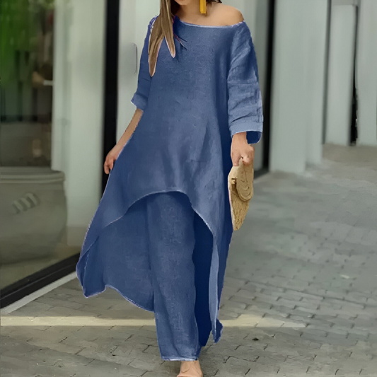 Womens Two Piece Set Dress Suit for Women Long Sleeve Cotton Linen Irregular Solid Crewneck Daily Wear Summer Set - Seldom Seen Styles