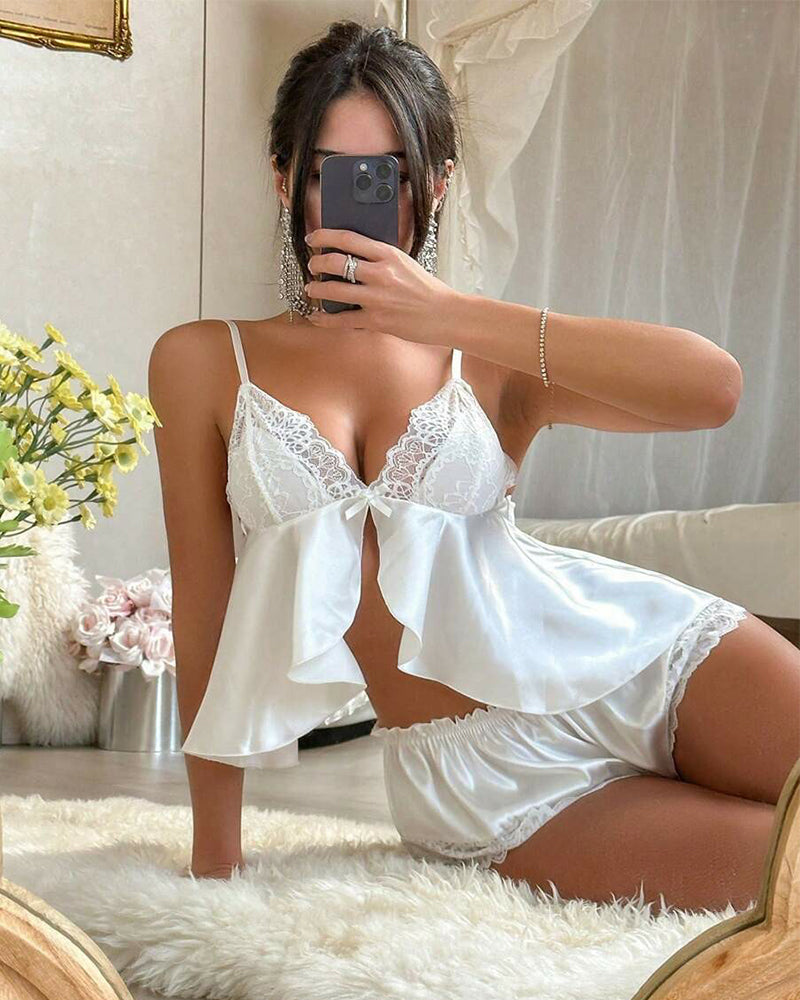 Women's Lace Splice Ruffle Trim Sexy Lingerie Set - Seldom Seen Styles