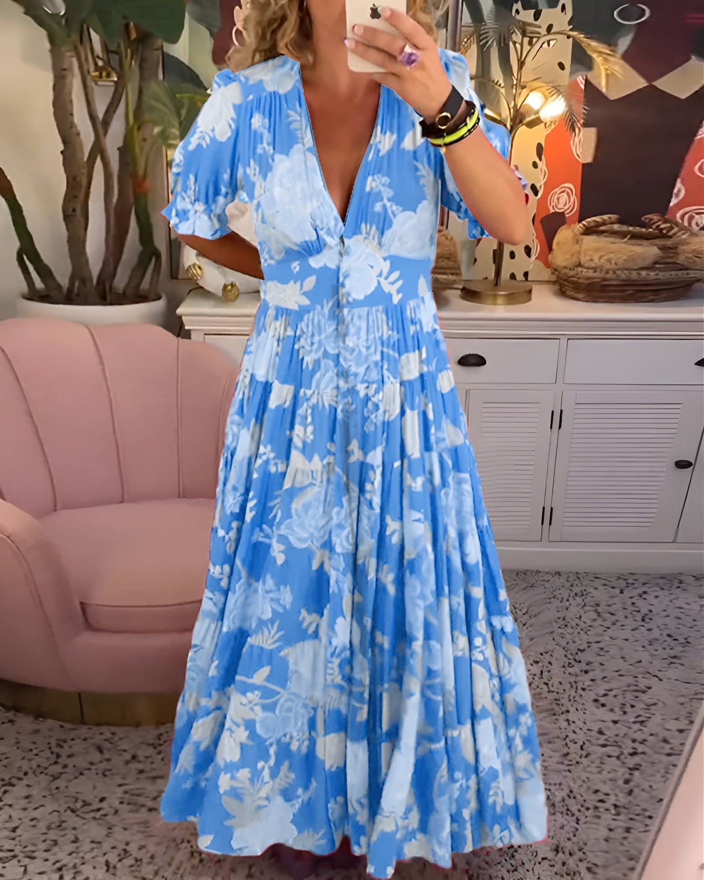 Womens Boho Floral Printed Wrap V Neck Button Maxi Dress Summer Flowy Puff Short Sleeve Slit Hem Beach Long Dress - Seldom Seen Styles