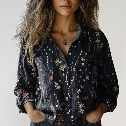 Womens 3/4 Sleeve Shirts Vintage Boho Retro Floral Print Tops Ladies Loose Fit Lightweight V Neck Button Down Blouses - Seldom Seen Styles